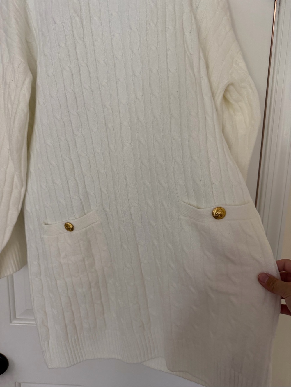 NWT GAP Cable Knit Sweater Dress Ivory Gold Button Pockets L Oversized - Picture 2 of 7